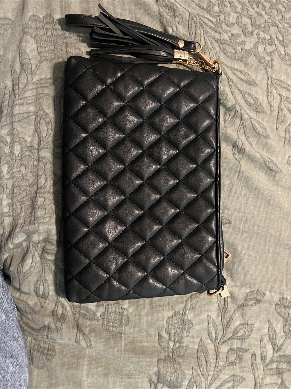 Quilted Black Leather Wristlet Clutch with Tassel Strap